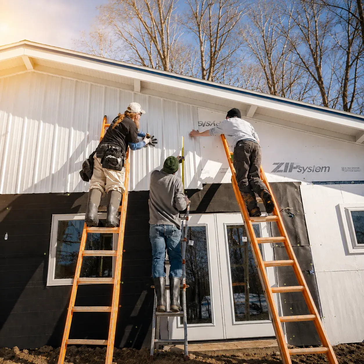 Three builders on ladders installing metal siding over house wrap on a home exterior.